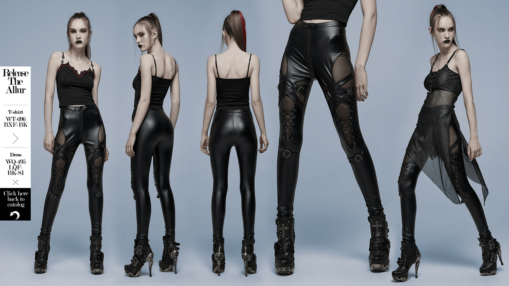 Punk Rave Gothic black lace-up faux leather pants showcasing edgy mesh details and a slim fit, perfect for steampunk style.