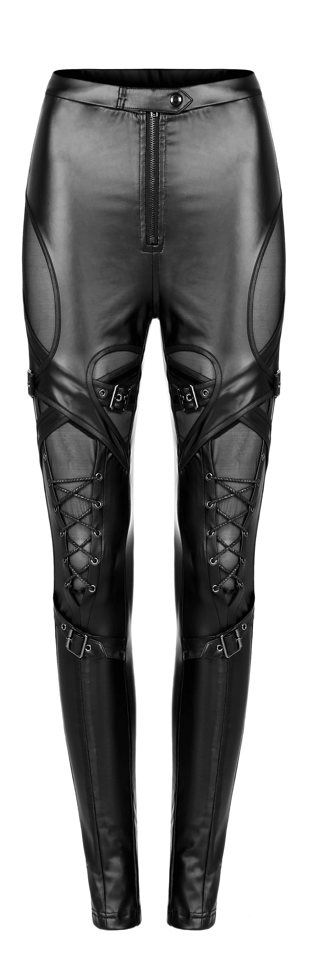 Punk Rave Black Lace-Up Faux Leather Pants with Mesh and High Waist for a stylish gothic look.