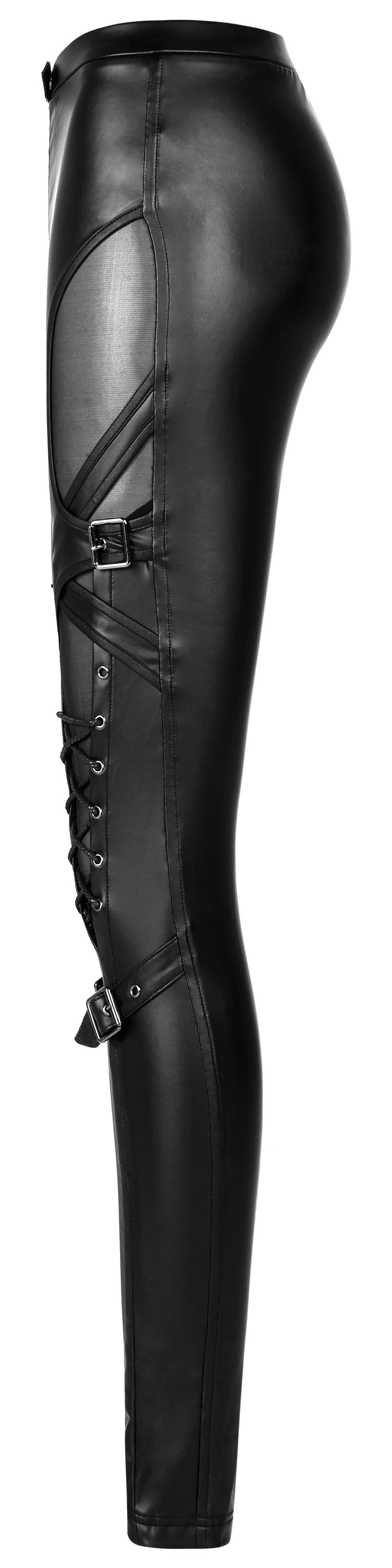 Punk Rave Gothic black lace-up slim fit faux leather pants with mesh splicing and edgy lacing detail.