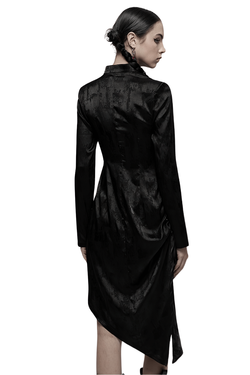 Back view of a black Gothic cheongsam dress with pointed hem and long sleeves, showcasing unique design details.