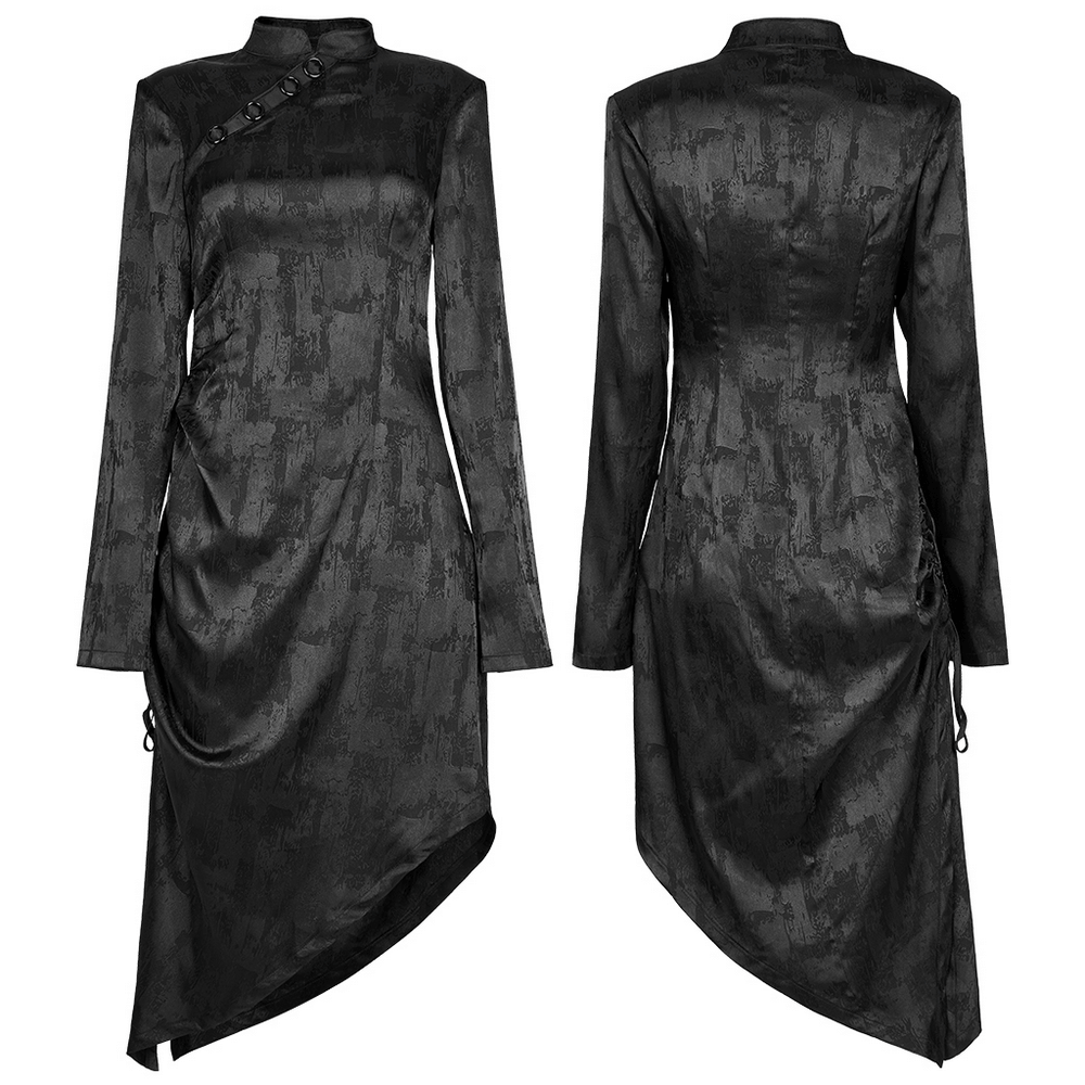 Punk Rave Gothic cheongsam dress in black with pointed hem and long sleeves, featuring concealed buckles and unique drawcord details.