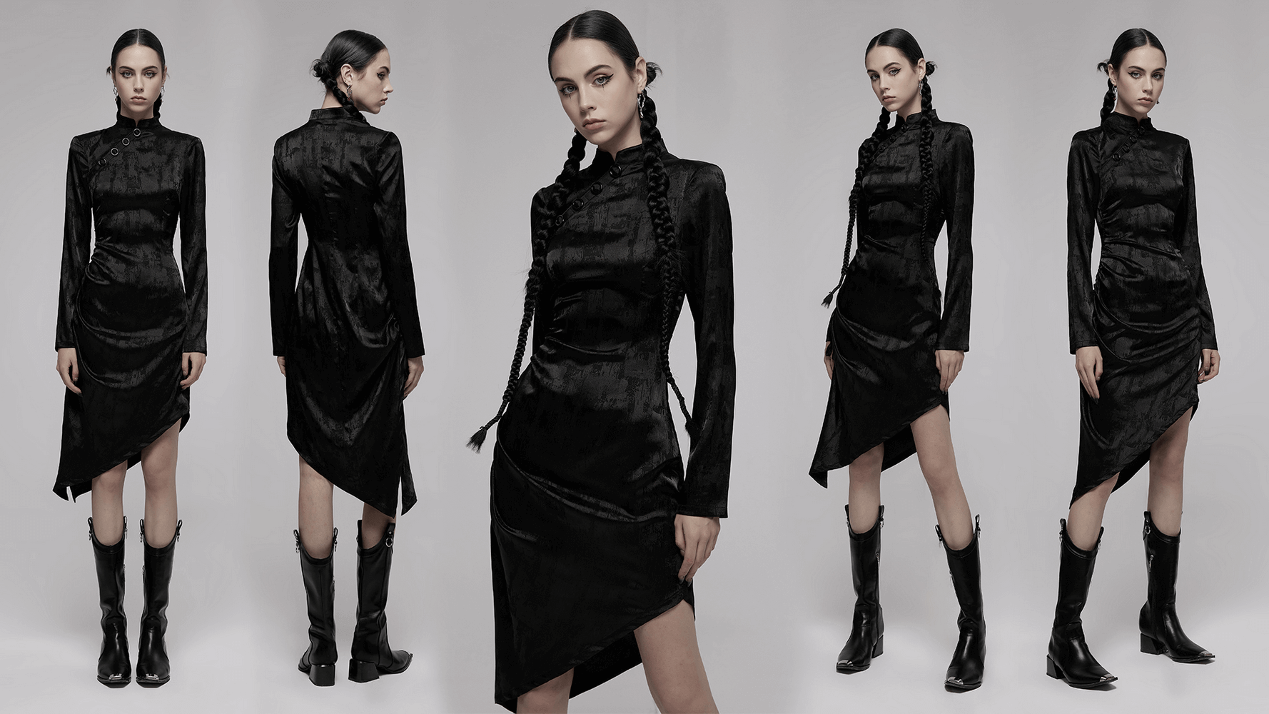 Punk Rave Gothic Cheongsam Dress with pointed hem and long sleeves, featuring stylish concealed buckles and unique drawcord detail.