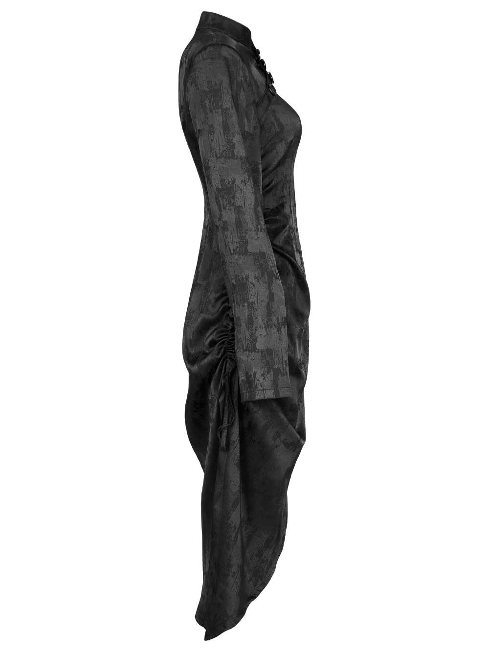 Side view of Punk Rave Gothic Cheongsam Dress with pointed hem and long sleeves, showcasing sleek design and unique fabric.