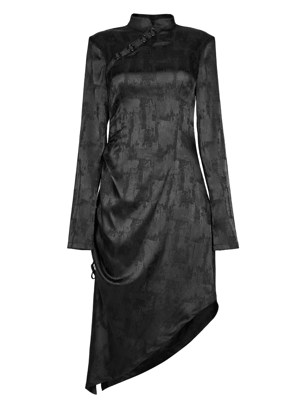 Punk Rave Gothic black cheongsam dress with pointed hem and long sleeves featuring concealed buckles and unique details.