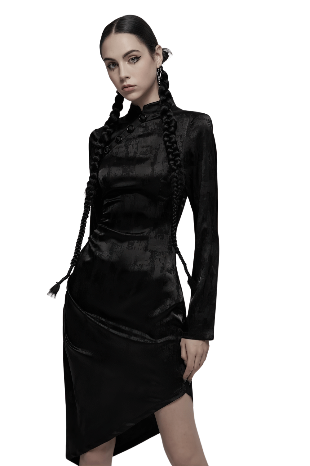 Gothic cheongsam dress with pointed hem, long sleeves, and stylish braids, showcasing edgy elegance.