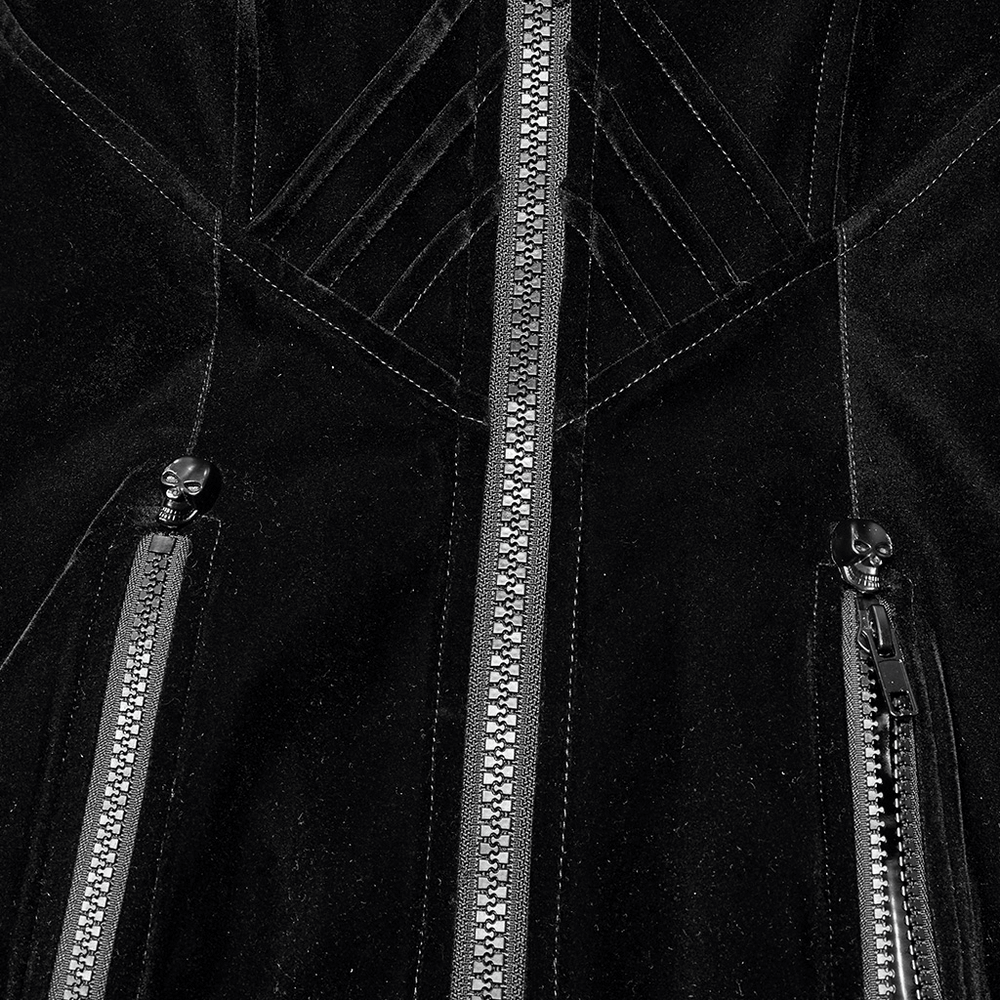 Close-up of Punk Rave Gothic Crescent Moon Dress zipper details with metal skull accents on black fabric.