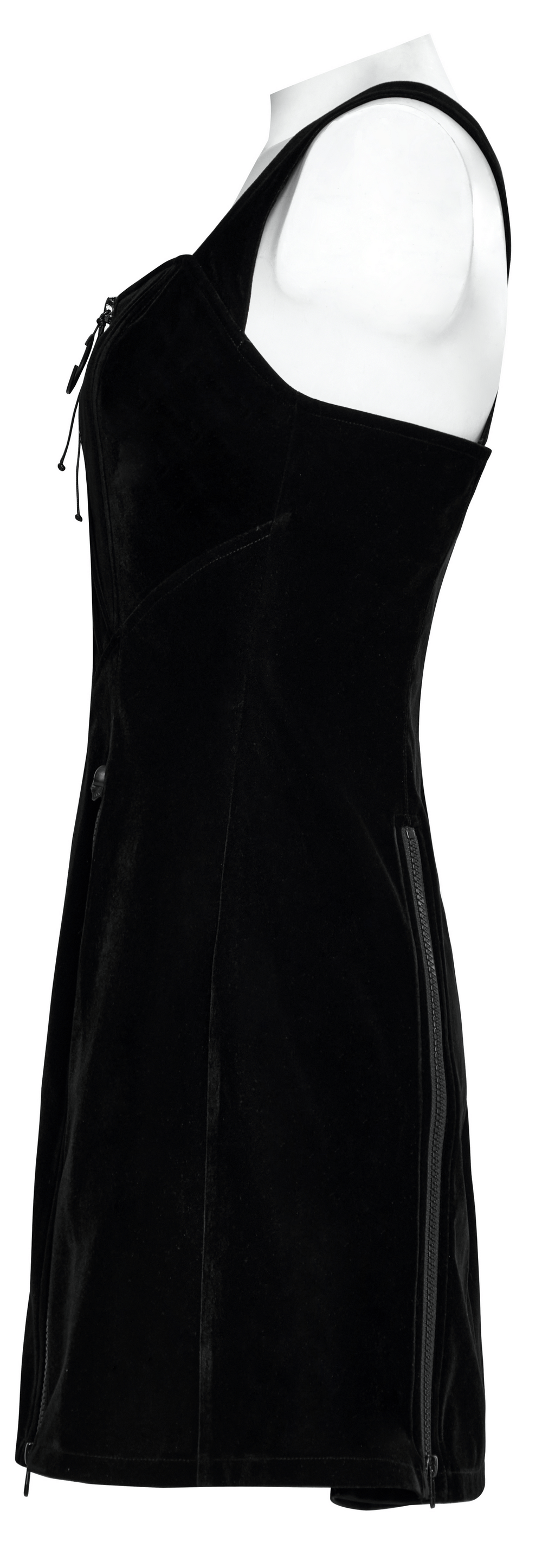 Side view of Punk Rave Gothic Crescent Moon Dress in black techwear style, featuring adjustable straps and front zipper.