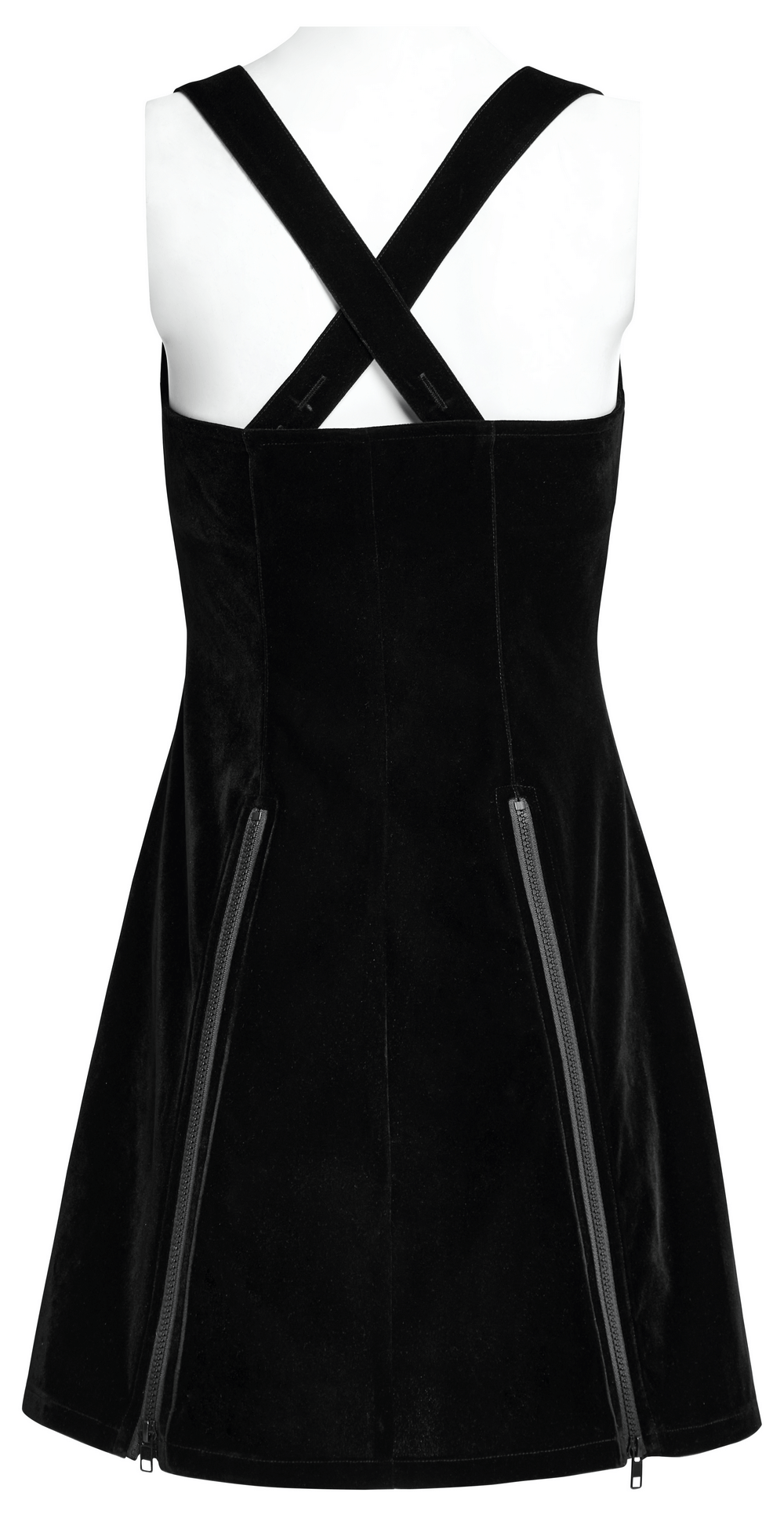 Back view of Punk Rave Gothic Crescent Moon Dress featuring adjustable cross straps and zippered side details.