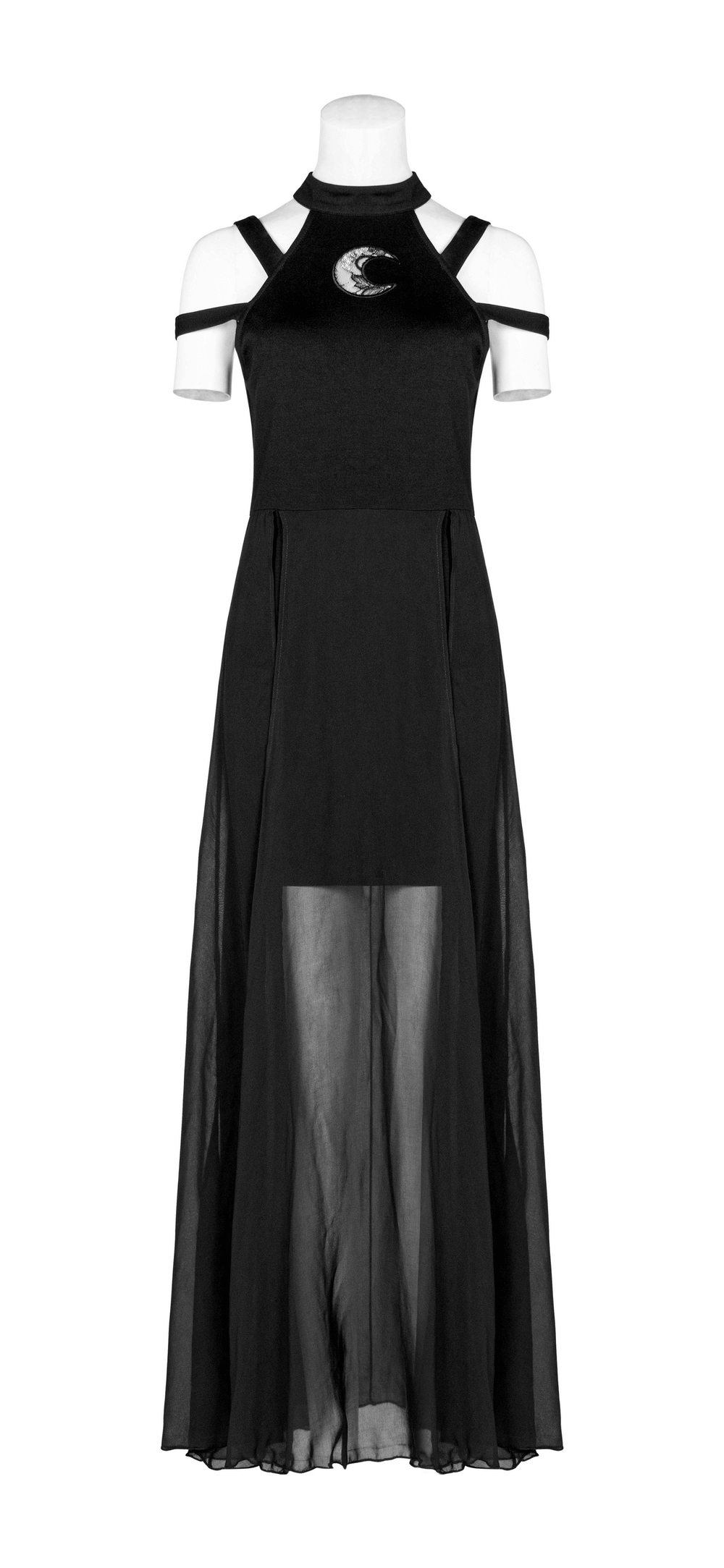 Punk Rave Gothic Crescent Moon Dress with lace, flowing chiffon skirt, and skinny straps for an ethereal look.