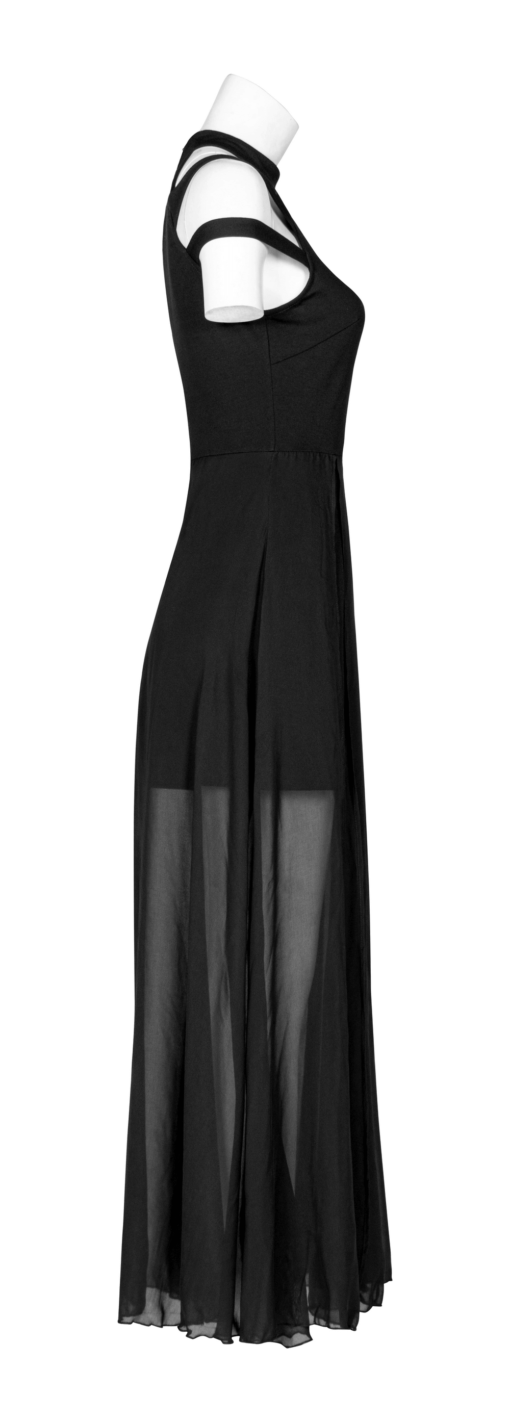 Side view of the Punk Rave Gothic Crescent Moon Dress featuring a flowing chiffon skirt and skinny shoulder straps.