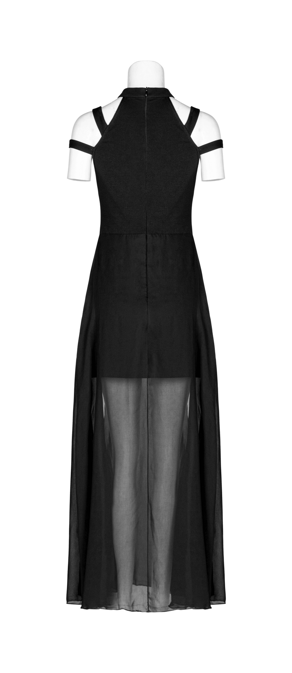 Elegant black Gothic dress with flowing chiffon skirt and skinny straps, perfect for a witchy style.