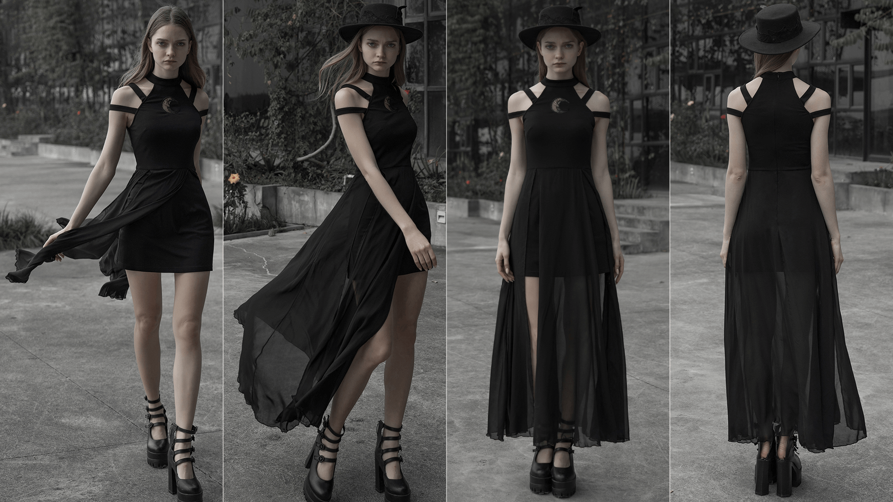 Gothic crescent moon embroidered lace dress with flowing chiffon skirt, showcased from multiple angles.