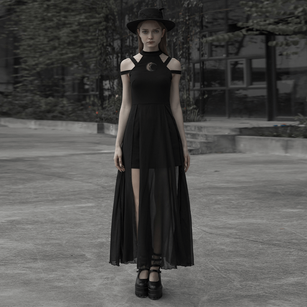 Gothic crescent moon embroidered lace dress with chiffon skirt, perfect for a witchy style.