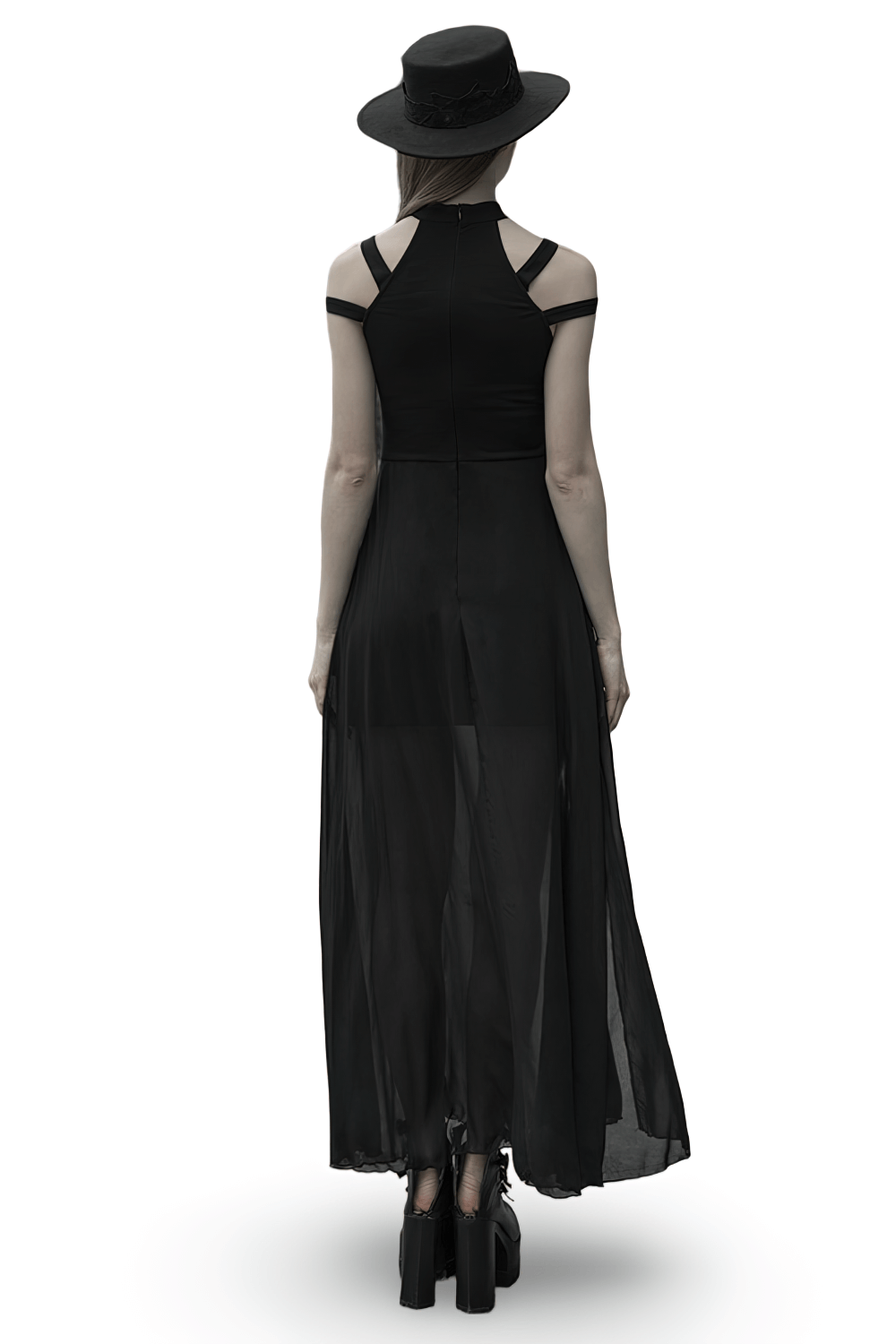 Back view of a black Gothic dress with chiffon skirt and a hat, showcasing embroidered crescent moon details.