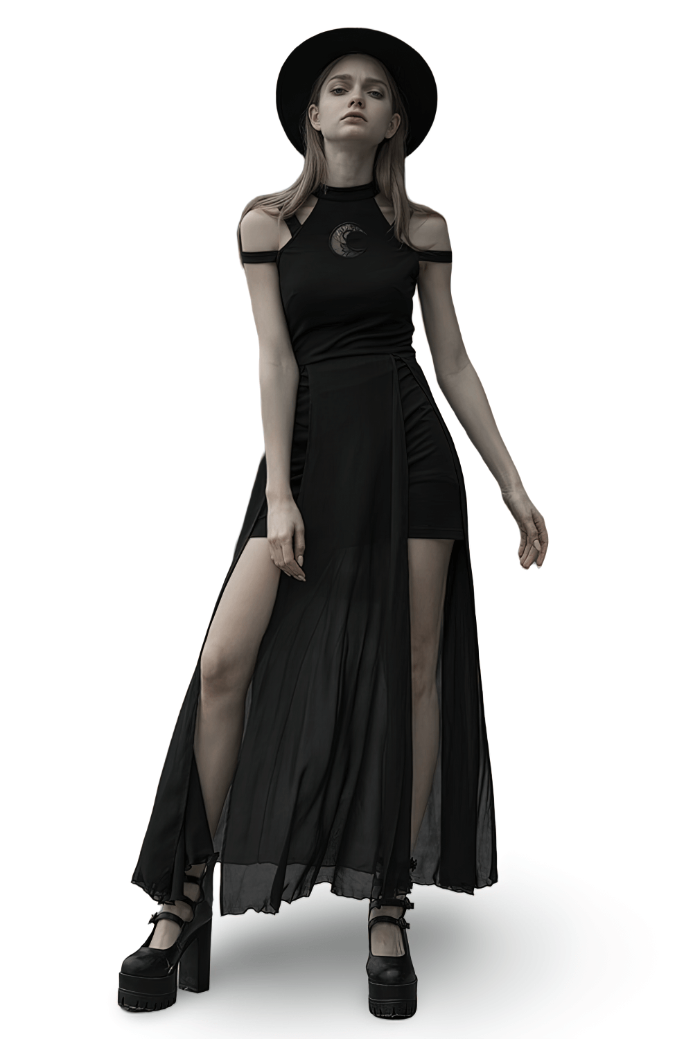 Gothic crescent moon embroidered lace dress with chiffon skirt and edgy black hat, perfect for unleashing your inner witch.