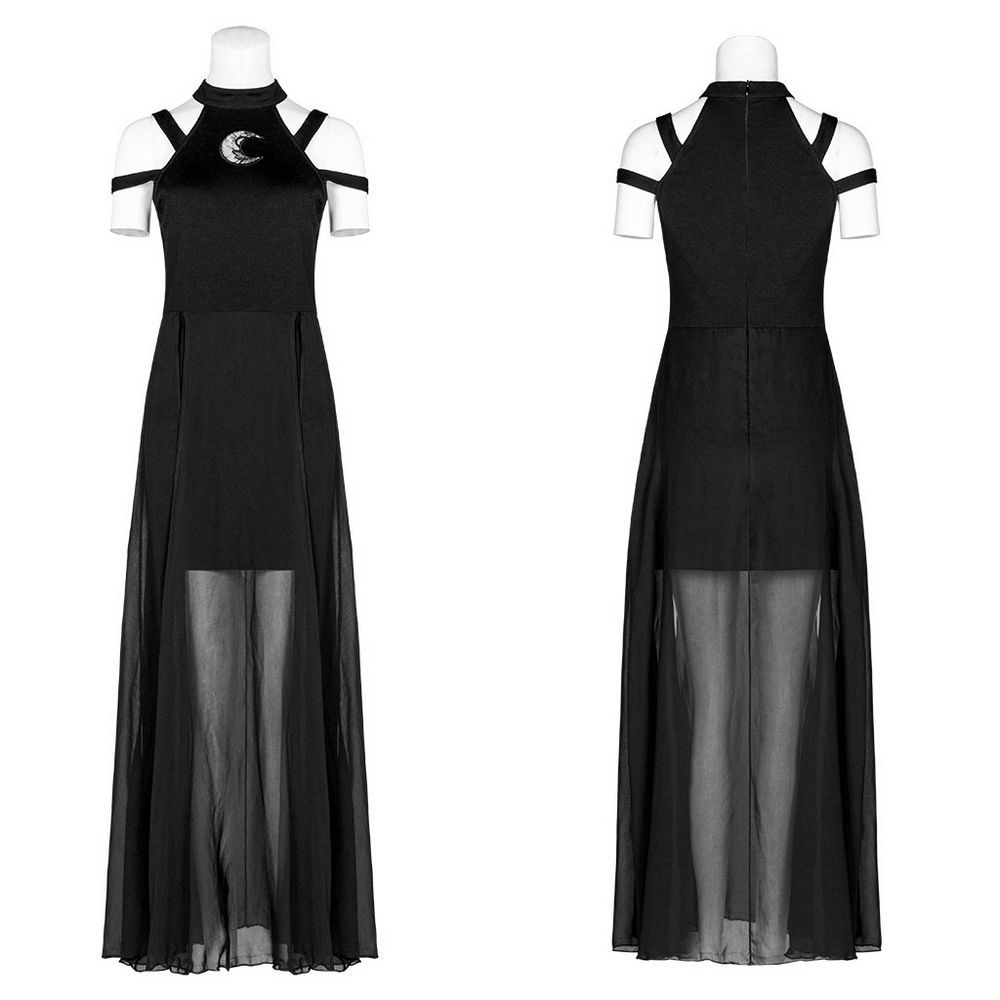 Punk Rave Gothic Crescent Moon Lace Dress with flowing chiffon skirt and crescent moon embroidery.