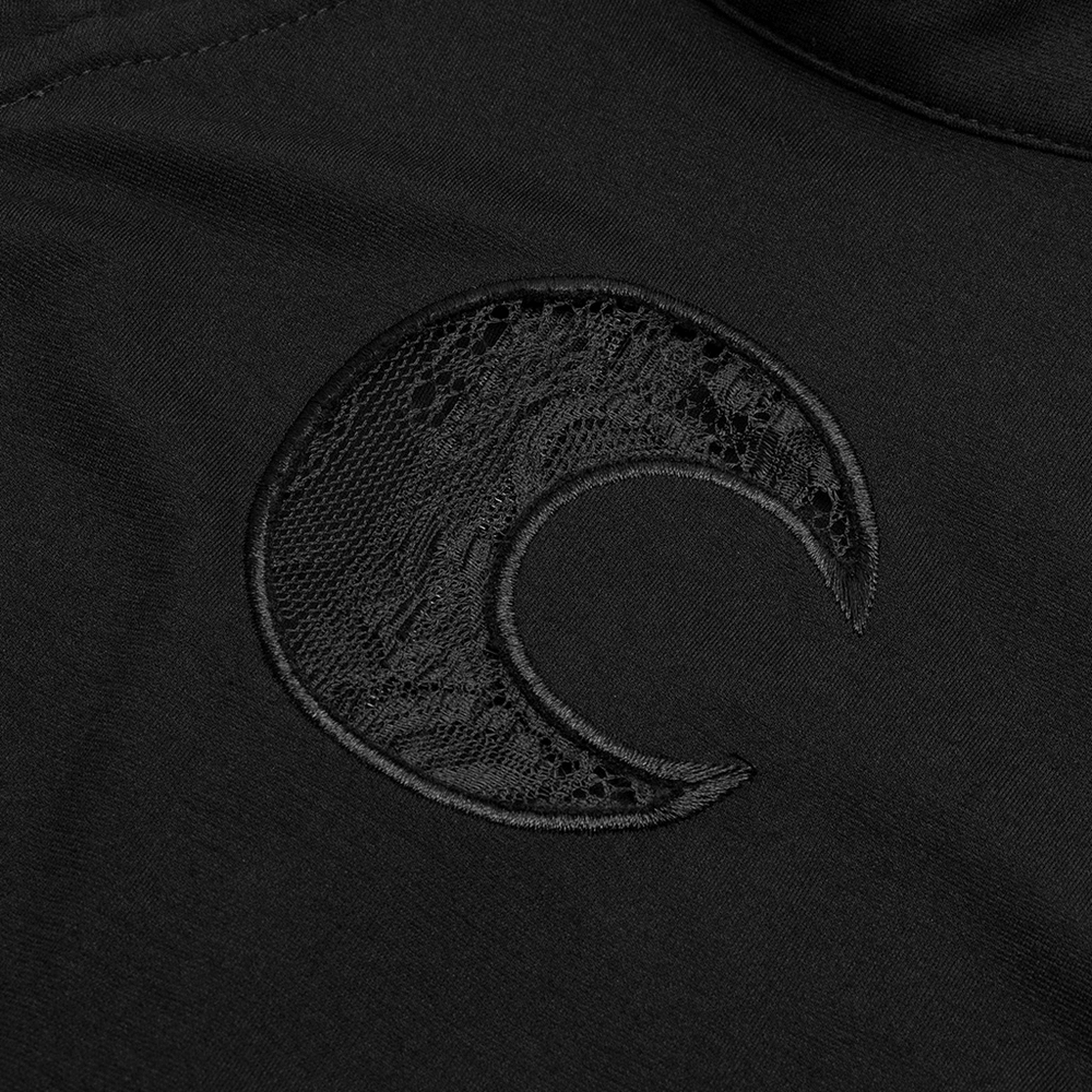Black embroidered crescent moon lace detail showcasing gothic style and dark magic.