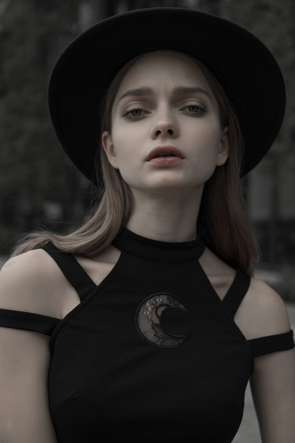 Gothic model wearing Punk Rave black dress with crescent moon embroidery and stylish wide-brimmed hat.