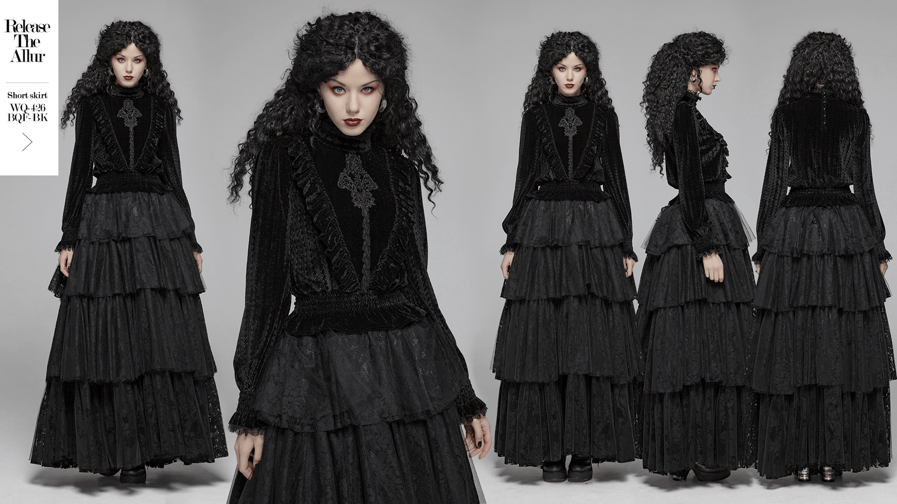 Model showcasing a punk rave gothic black velvet blouse with ruffle collar and long sleeves, embodying dark elegance.