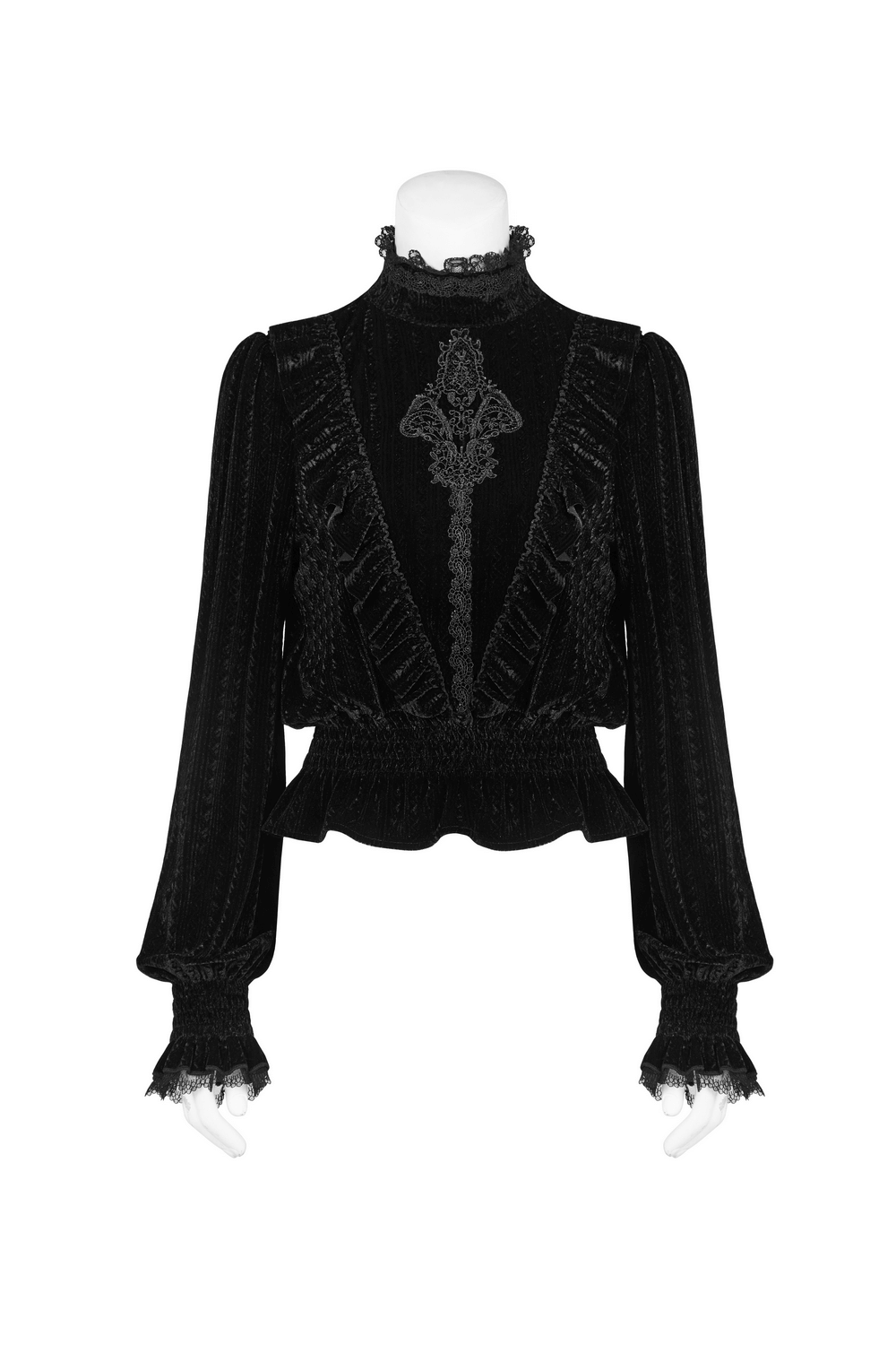 Gothic dark velvet blouse with ruffle collar, featuring long sleeves and dramatic design perfect for a Victorian-inspired look.