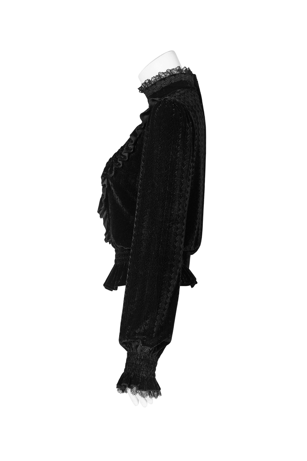 Side view of the Punk Rave Gothic black velvet blouse with ruffle collar and long sleeves, showcasing its elegant design.
