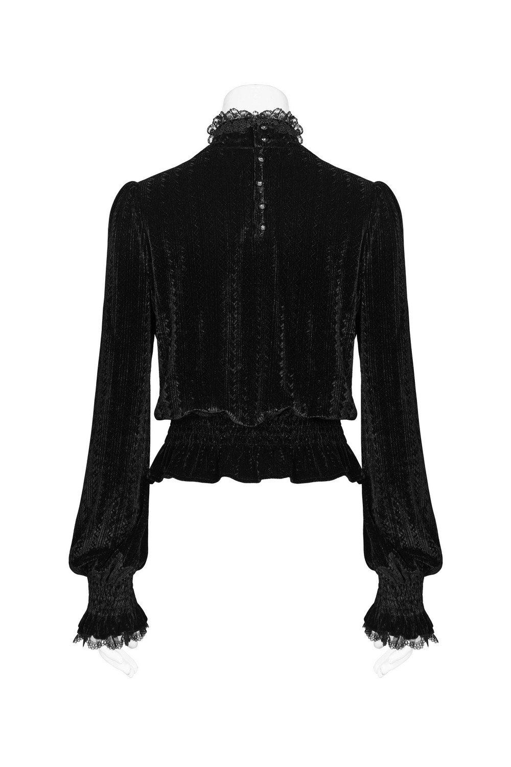 Back view of a black velvet Gothic blouse with ruffle collar and long sleeves, showcasing its elegant design.