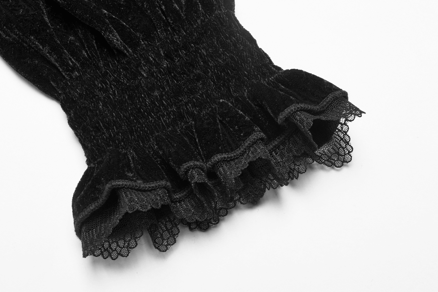 Close-up of black velvet blouse sleeve with ruffle lace, showcasing Gothic elegance and Victorian-inspired design.