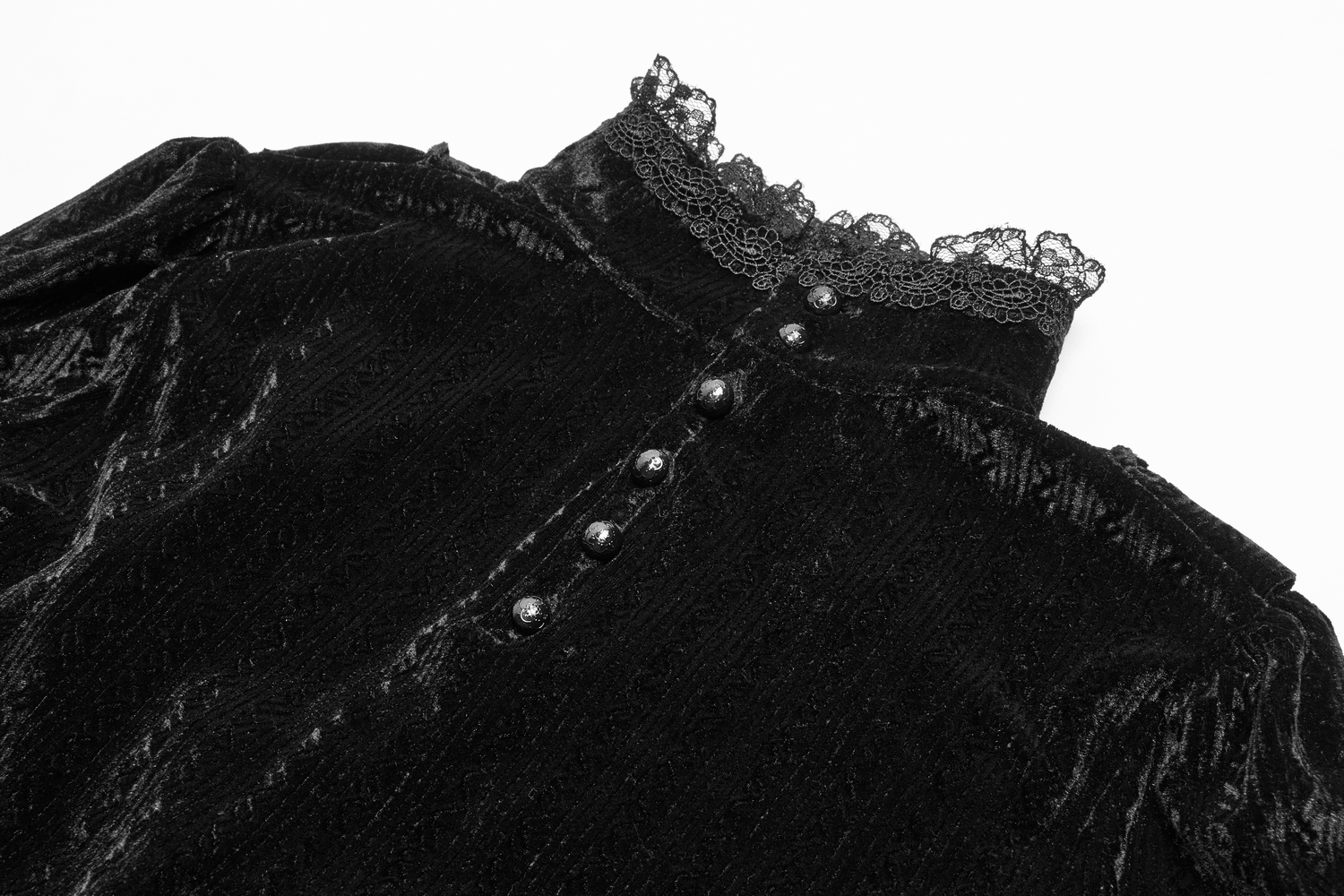 Black velvet blouse with ruffle collar and button detail, perfect for a Gothic Victorian-inspired look.