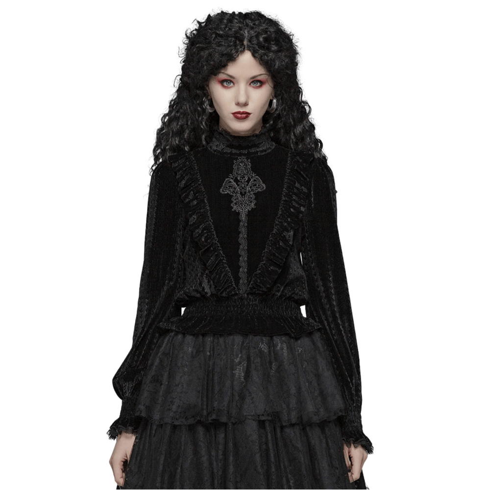 Gothic dark velvet blouse with ruffle collar, long sleeves, and elegant black design, embodying Victorian romance.