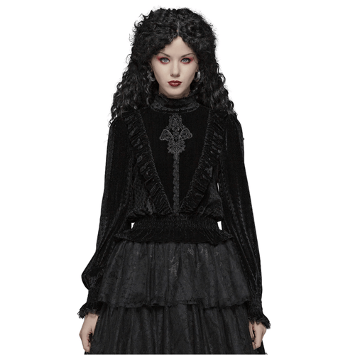 Punk Rave Blouse gothique en velours foncé avec col à volants