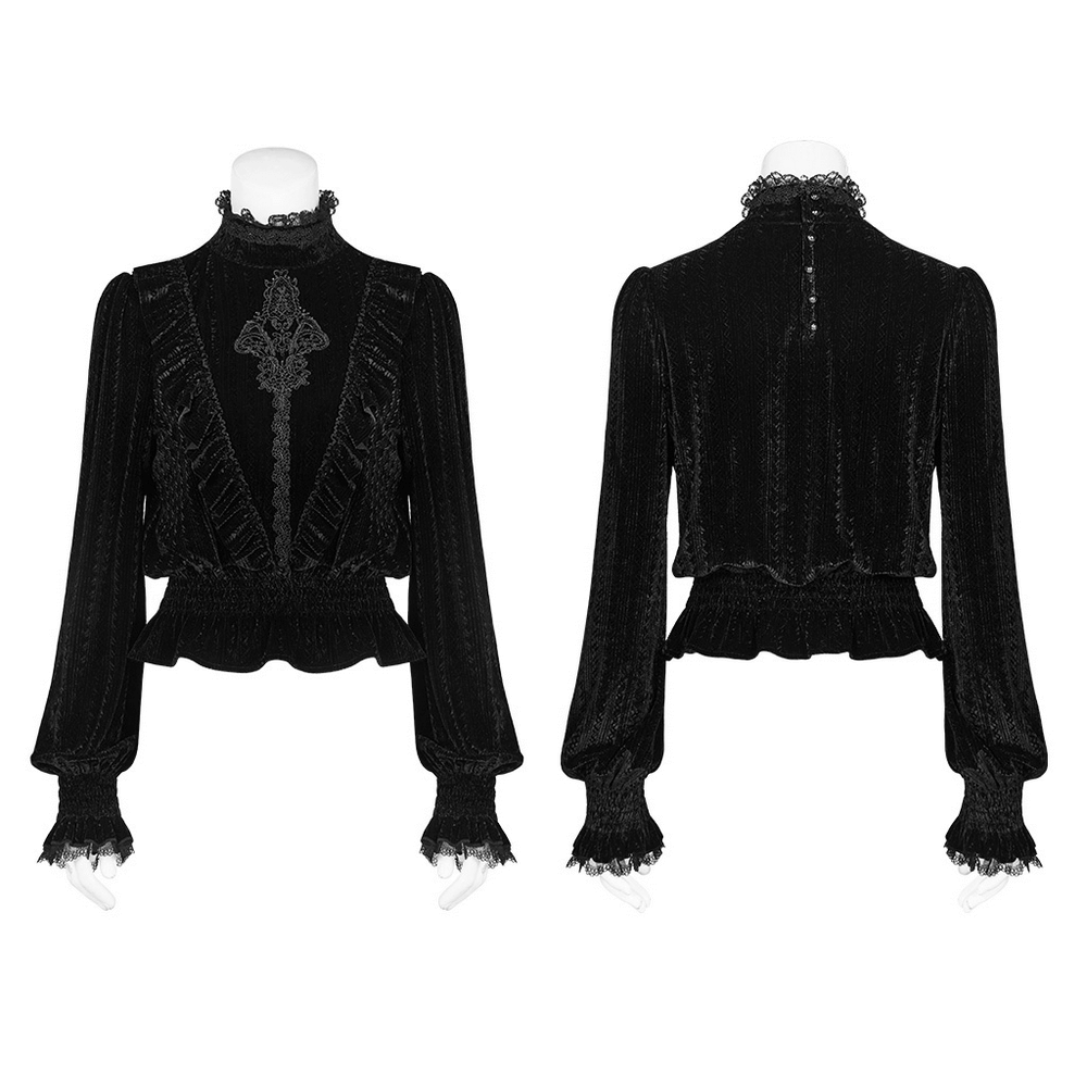 Punk Rave Gothic dark velvet blouse with ruffle collar, featuring long sleeves and intricate detailing.