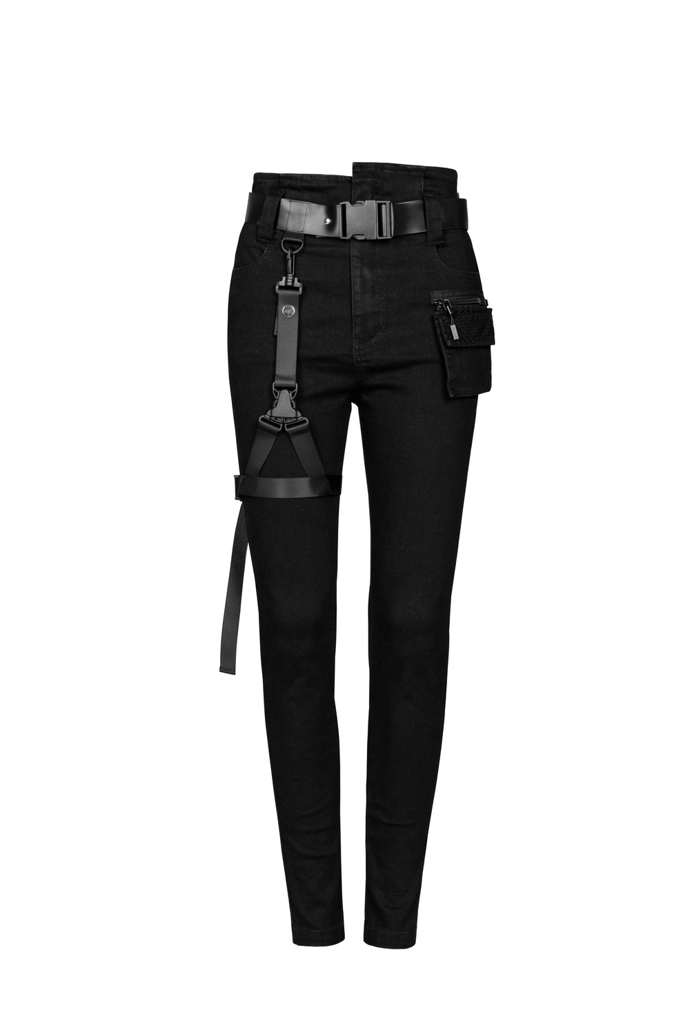 Punk Rave Gothic Detachable Belt Mid-Rise Slim Denim Jeans with unique asymmetry waistband and edgy leg loops.