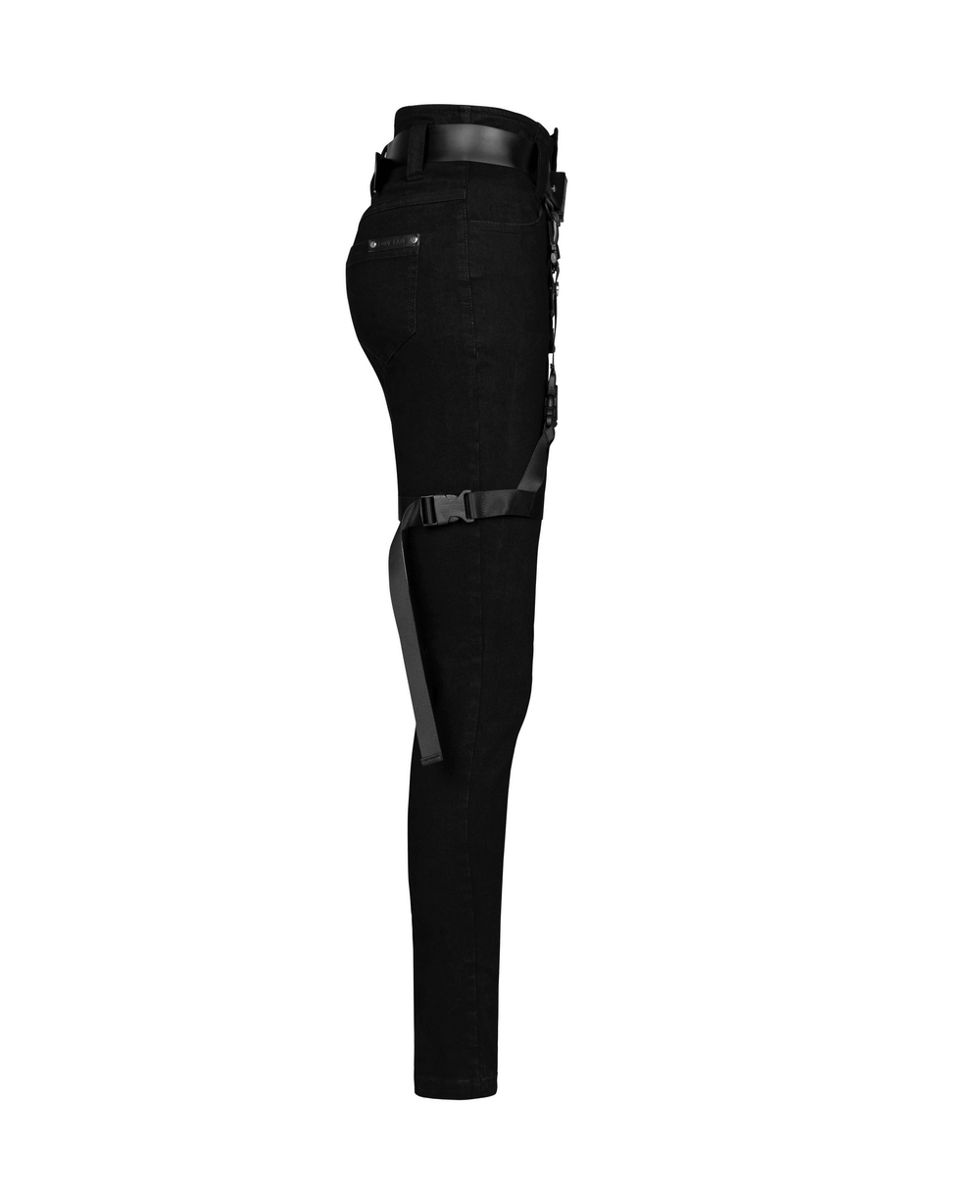 Side view of Punk Rave Gothic Detachable Belt Mid-Rise Slim Denim Jeans with unique loops and sleek design.