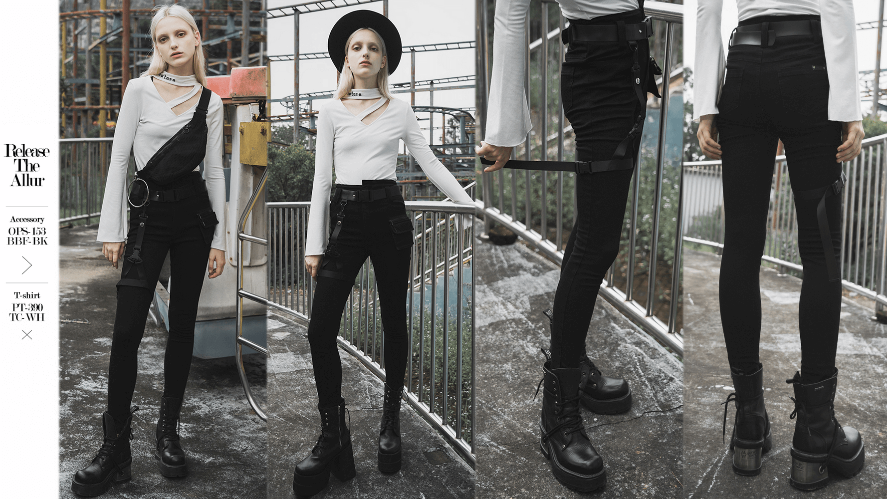 Punk Rave Gothic detachable belt mid-rise slim denim jeans worn with stylish top and hat, showcasing edgy fashion.