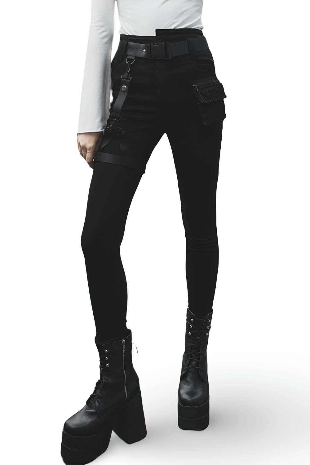 Punk Rave Gothic detachable belt mid-rise slim denim jeans with edgy design and removable pockets.