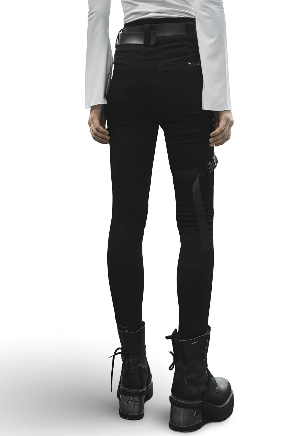 Back view of Punk Rave Gothic detachable belt mid-rise slim denim jeans paired with edgy black boots.