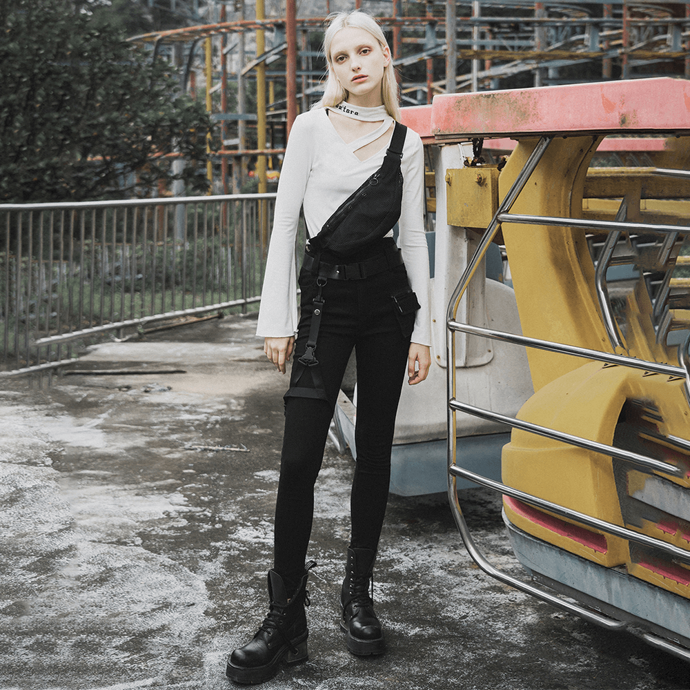 Punk Rave Gothic Detachable Belt Mid-Rise Slim Denim Jeans with unique design in urban setting.