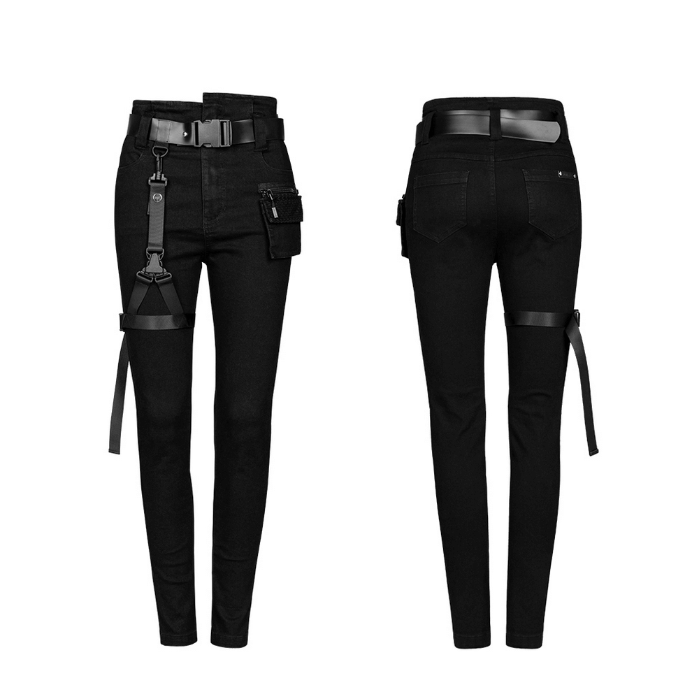 Punk Rave Gothic Detached Belt Mid-Rise Slim Denim Jeans with stylish hardware and removable pockets.