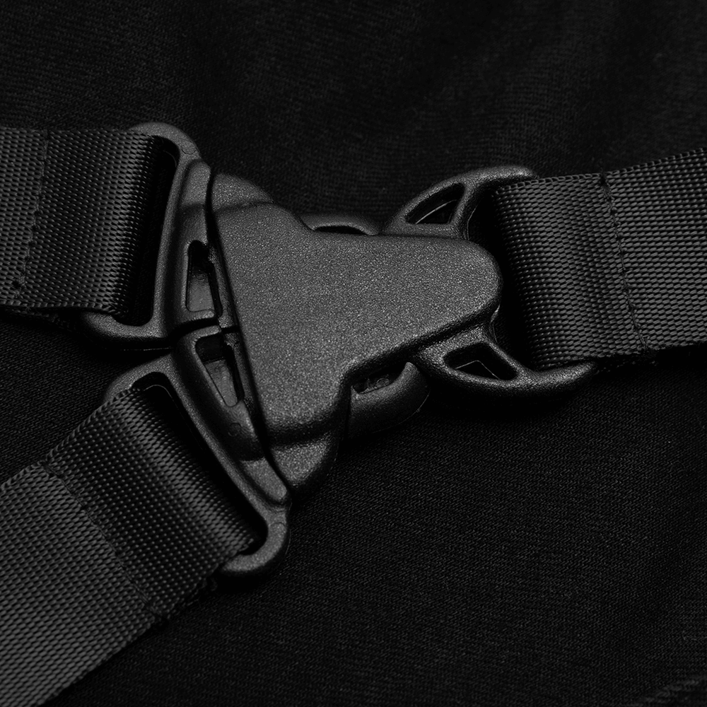 Close-up of a black adjustable buckle with straps, perfect for securing your unique punk accessories.