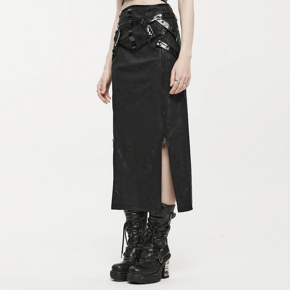 Punk Rave Gothic Faux Leather Side Zipper High Slit Skirt