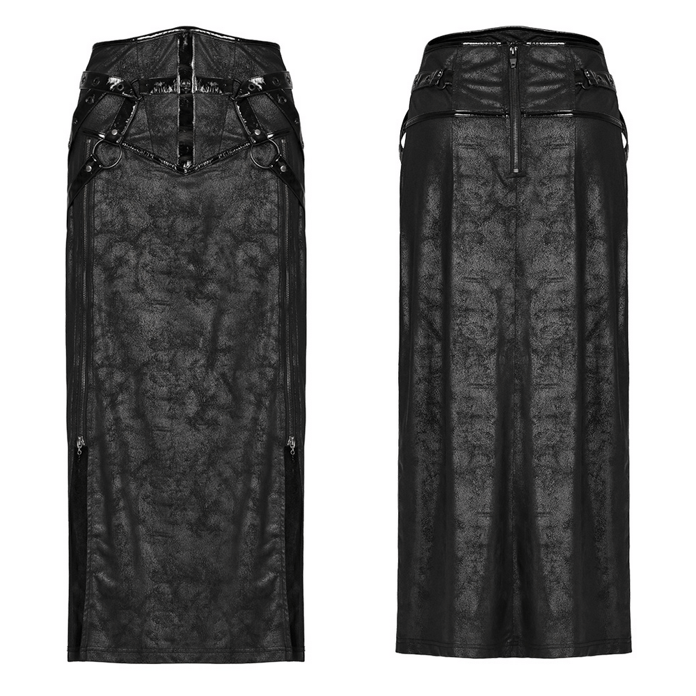 Punk Rave Gothic Faux Leather Side Zipper High Slit Skirt