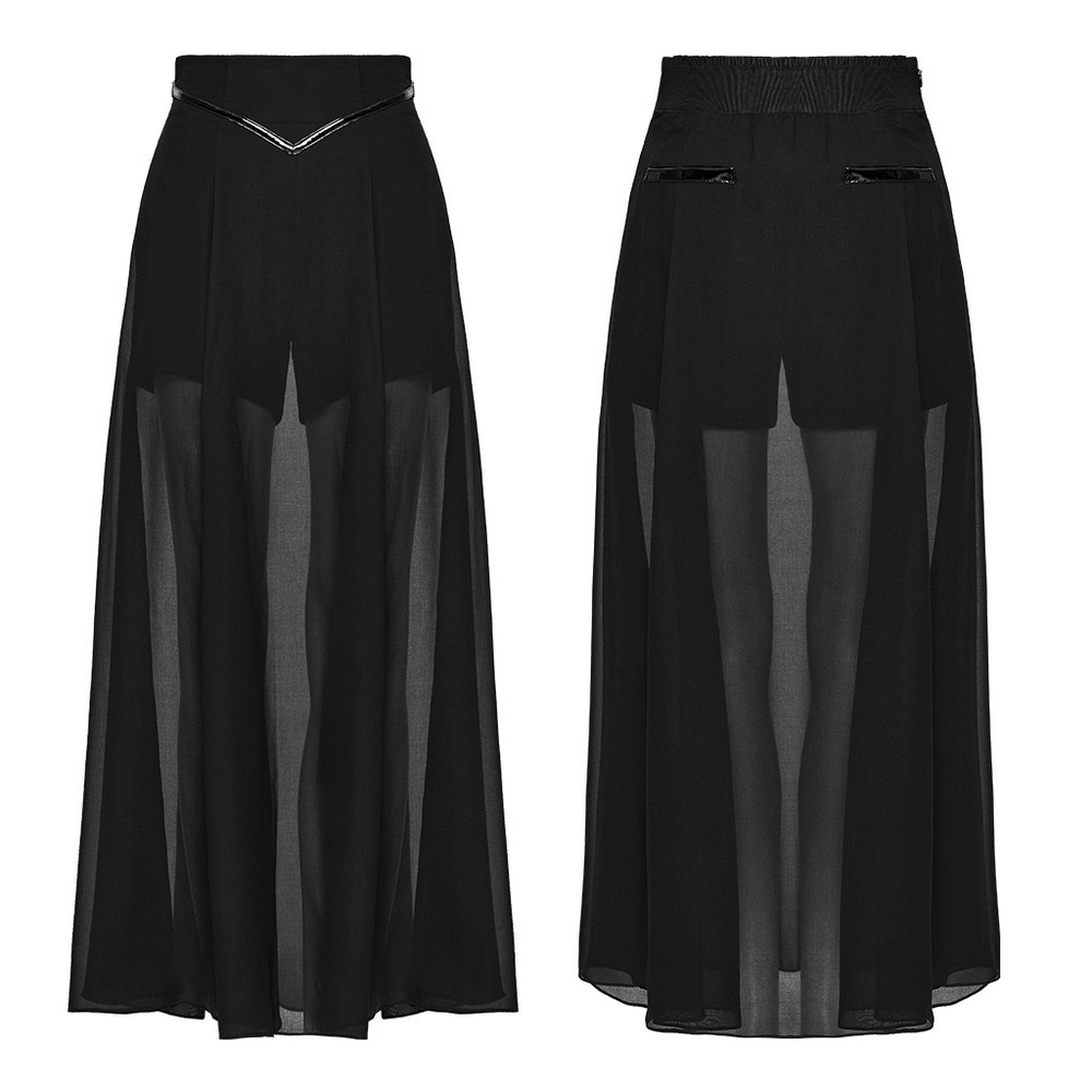 Black V-Cut Chiffon Pant-Skirt Patent Leather Accents