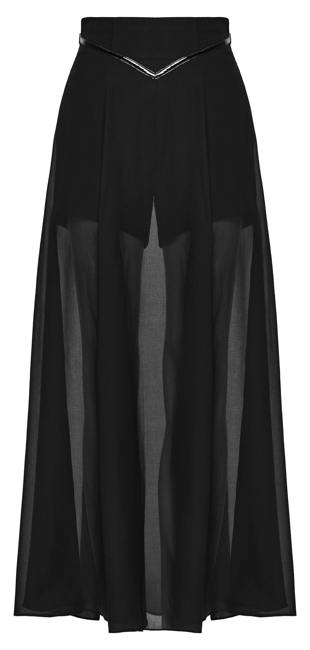 Black V-Cut Chiffon Pant-Skirt Patent Leather Accents
