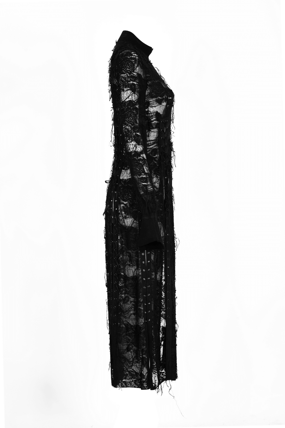 Punk Rave Gothic lace rope dress in black, featuring a turtleneck and multi-split accents for a hauntingly beautiful style.