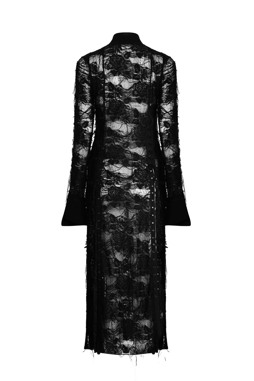 Back view of Punk Rave Gothic Lace Rope Dress, featuring intricate mesh lace and haunting black design.