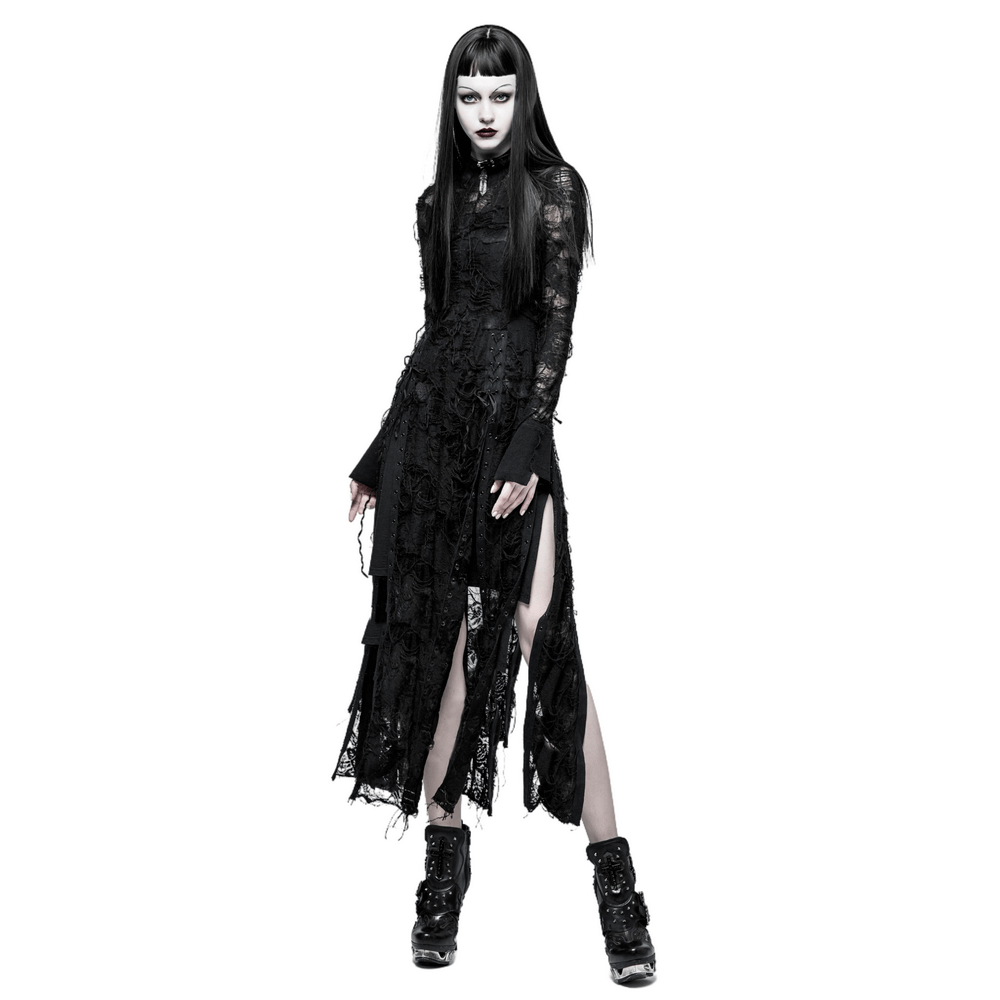 Punk Rave Gothic lace rope dress in black featuring a seductive silhouette and multi-split accents, perfect for dark elegance.