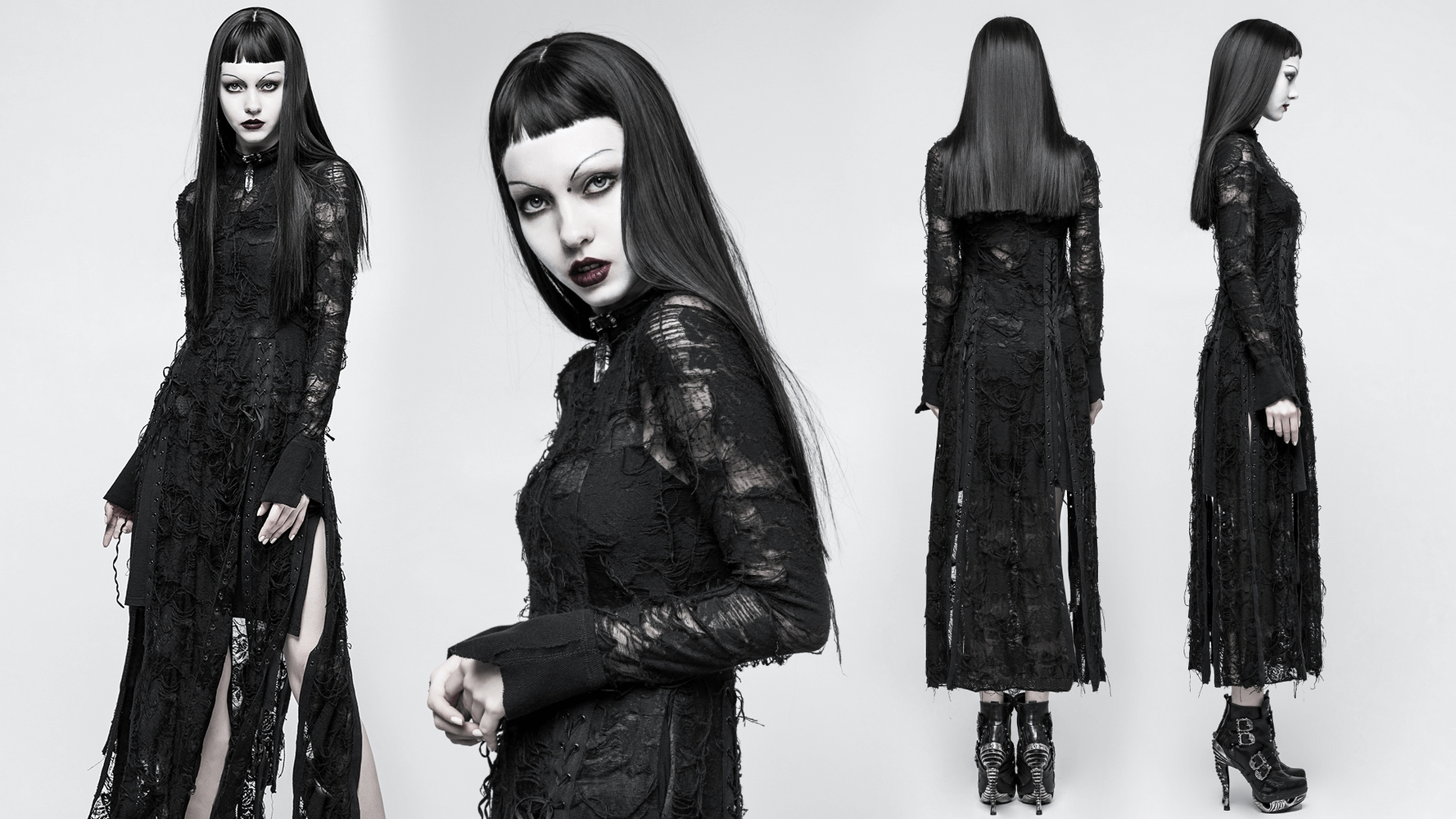 Punk Rave Black Gothic Lace Dress showcasing a figure-hugging silhouette with turtleneck and split accents for dark elegance.