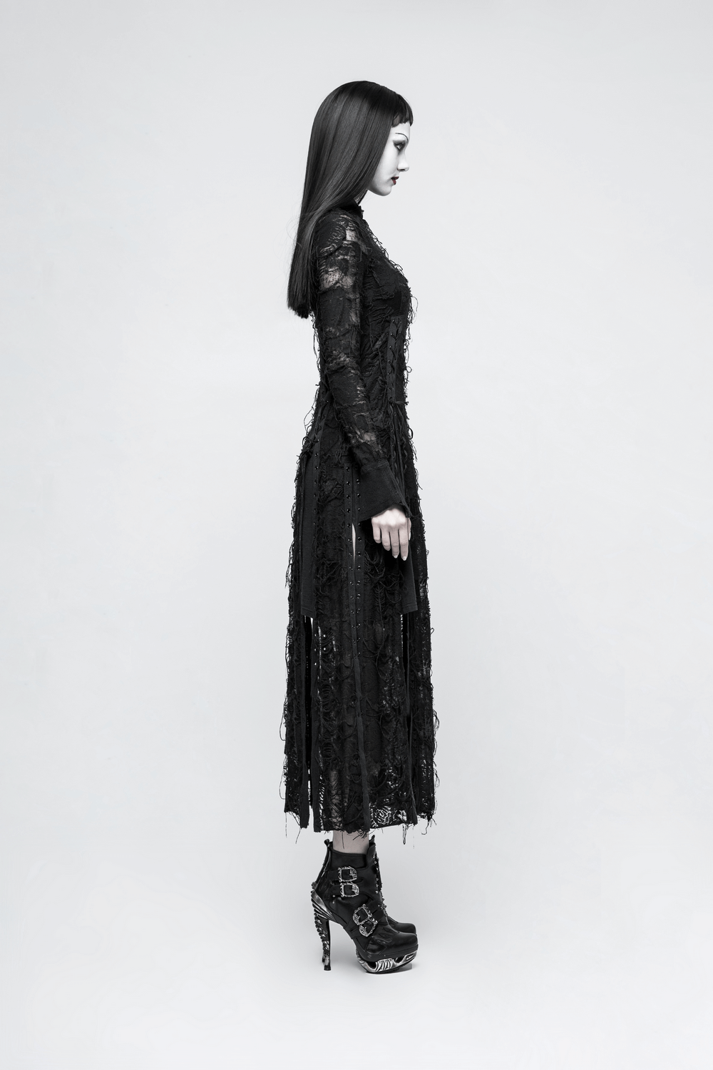 Gothic lace dress in black with fitted silhouette and lace-up details, embodying hauntingly beautiful style.