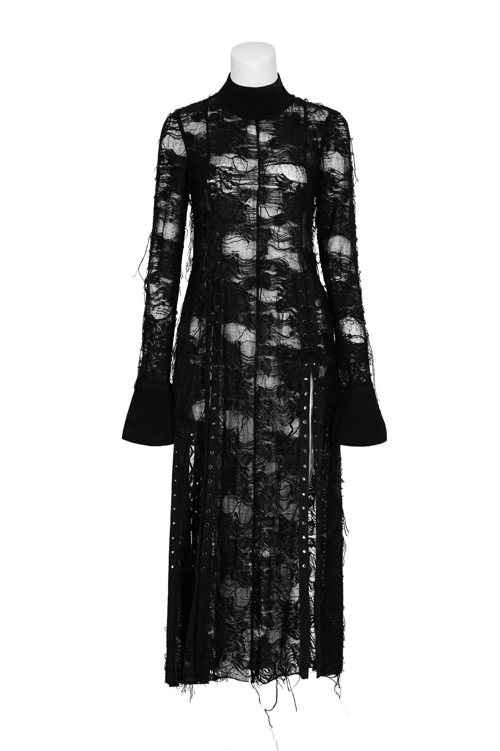 Punk Rave Gothic lace rope dress in black, featuring a figure-hugging silhouette and seductive turtleneck design.