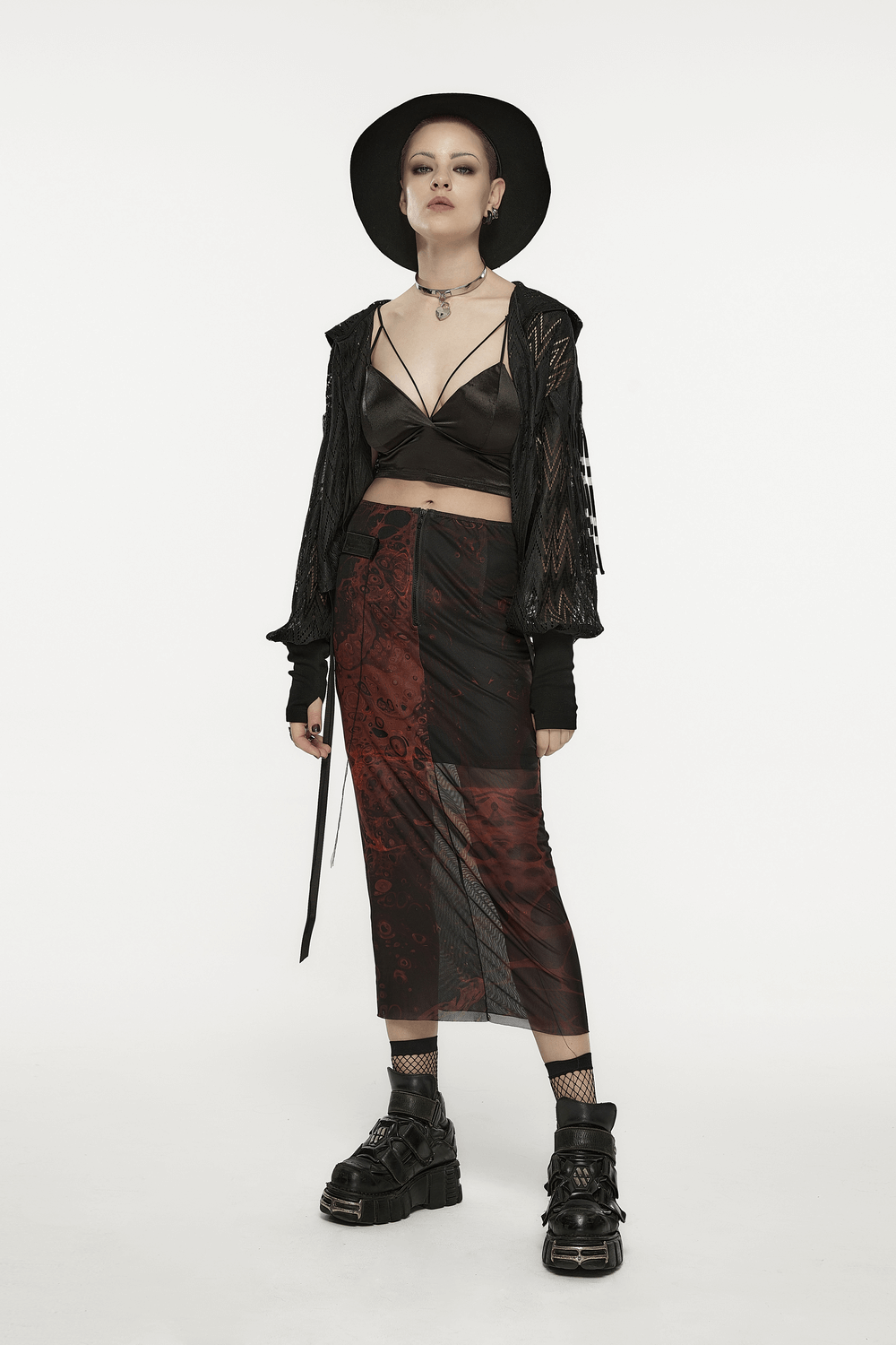 Model showcasing the Punk Rave Gothic Lava Skirt with edgy accessories and stylish outfit.